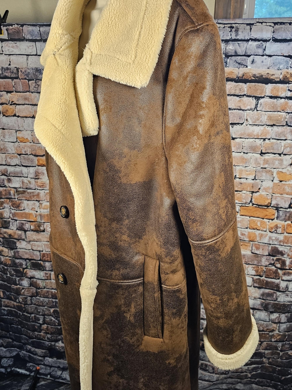 Frye Shearling Sherpa Faux Leather Long Trench Coat Jacket Large Brown Cream - Picture 2 of 5